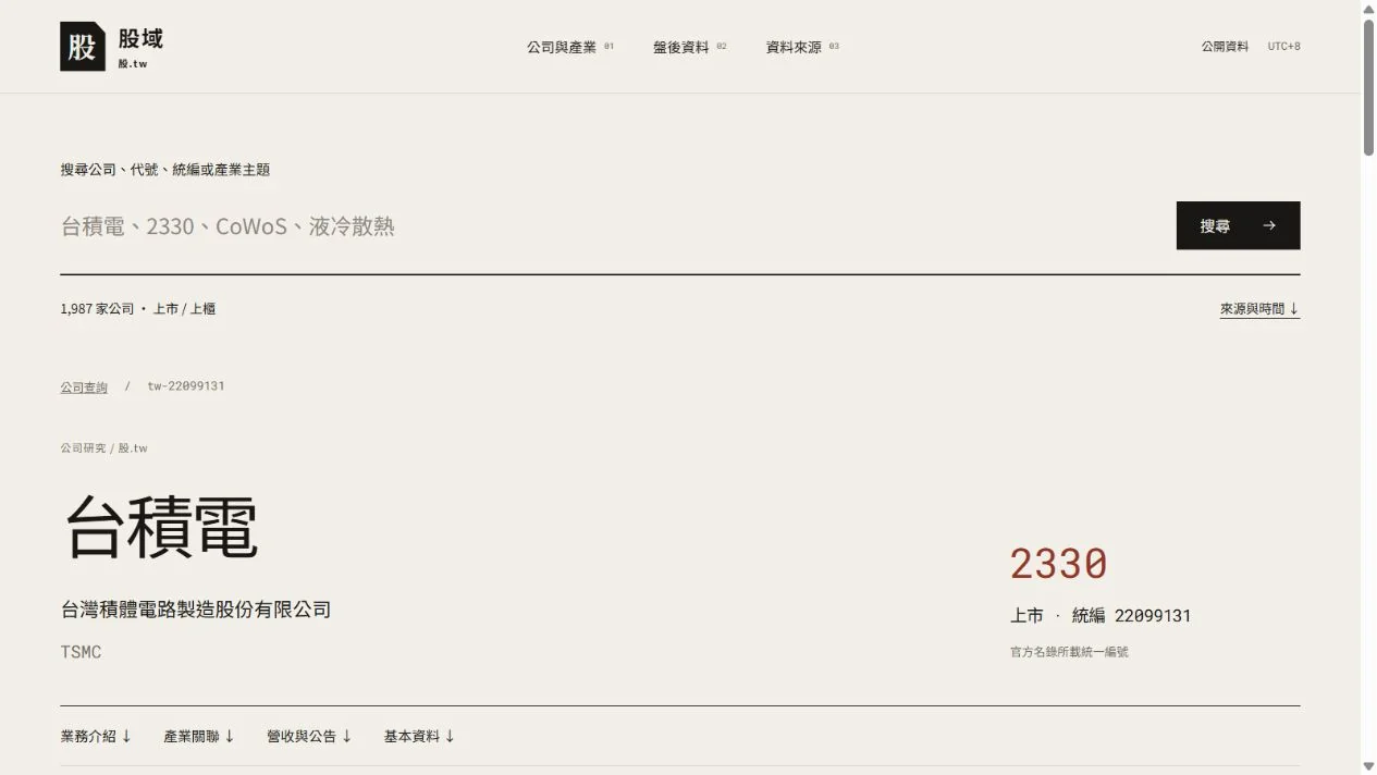 股.tw 台積電公司頁,統一顯示公司全名、2330 與統編 22099131
